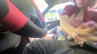 Public hand job! Risky!!! She swallows up all the cum!