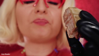 Mukbang ASMR: Eating Chewing Chocolate Car - Latex blonde close up video mouth fetish