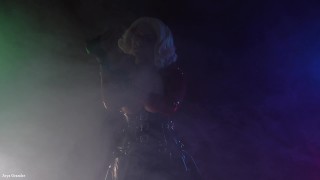 sexy LATEX rubber MILF in glasses with blonde hair seduce you in smoke