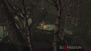 Threesome with a beautiful hot fairy and two orcs in the night forest