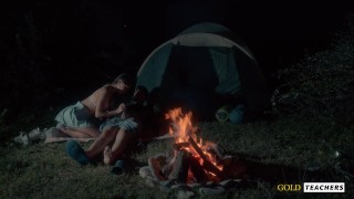 American schoolgirl has romantic sex by the night fire