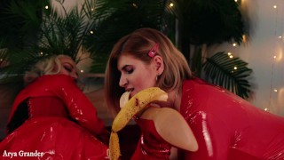 DOGGY position ROUGH PUSSY FUCK sucking banana as a dildo - LESBIAN SEX