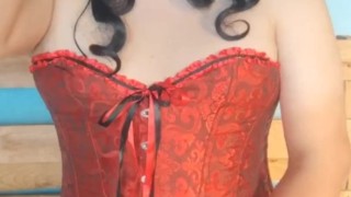 Crossdresser solo cum with red corsette 
