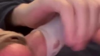 My slave edging in chastity cage