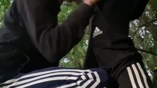 A teen guy sucked me in the woods, I cum on his face 