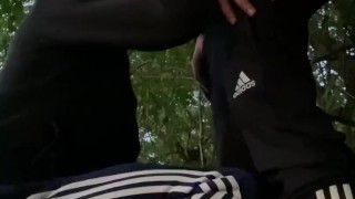 A teen guy sucked me in the woods, I cum on his face 
