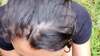 Quick blowjob with cum in mouth in the forest