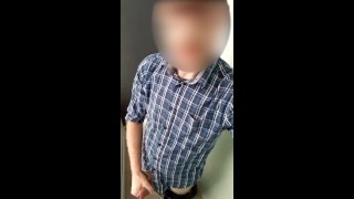 Hung uncut guy pisses and cums in work toilet