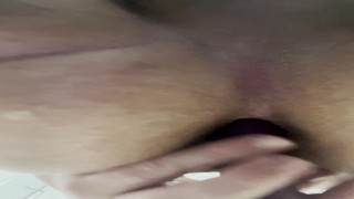 Teenager tries a thin dildo that hardly fits. Tight and virgin asshole.