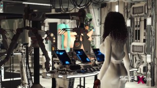 Sex in a spaceship. Space busty girl in cuffs gets fucked hard by sex robot in the lab