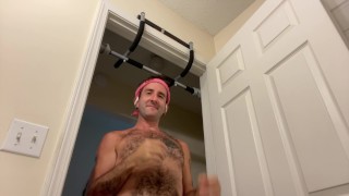 Working out naked with my big floppy sweaty hairy cock exposed after workout