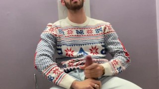 Huge cumshot in the library's bathroom after studying