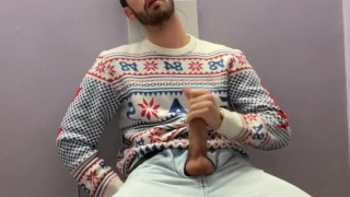 Huge cumshot in the library's bathroom after studying