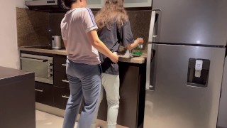 Wife fucked hard with tongue while washing dishes in the kitchen, getting her to cum before her step