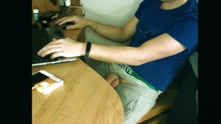 Teen boy jerlked off and cummed on the table while working / huge load