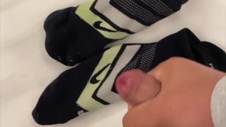 Boy is shooting load on his socsk!