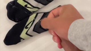 Boy is shooting load on his socsk!