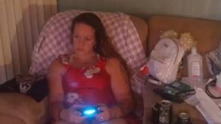 Nerdy Girl Smoking Cigarettes In Mini Skirt Playing Video Games 