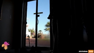 johnholmesjunior does solo show at airbnb for neighbours and guests watch him shoot huge cum load