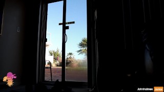 johnholmesjunior does solo show at airbnb for neighbours and guests watch him shoot huge cum load
