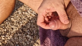 JERKING OFF on the way to the beach with CUMSHOT after naked swimming