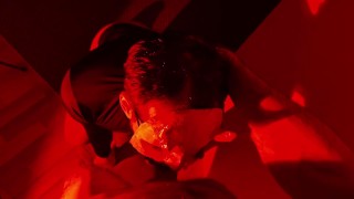 Slutty Halloween night. Hot deep blowjob from a bearded imp. Cum on face