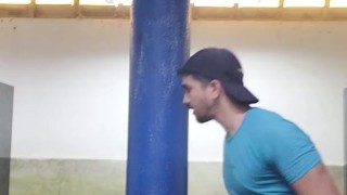 Exhibicionist latin undressing in the public bathroom