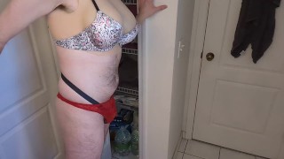 Feminization and cock cage chastity while trying on bras