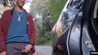 johnholmesjunior does a super real risky solo show on side of busy road with huge cum load