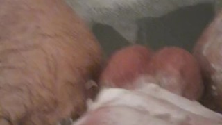 Horny hairy daddy bath time handjob and cum!