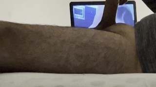 Giving pleasure to my big uncut cock on my bed