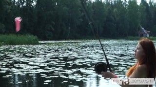 Cute girl decided to go fishing and caught a dildo and fucked herself in the boat