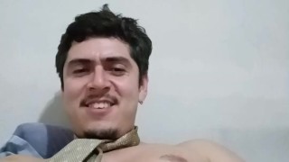 Horny guy jerking off big dick, wait for precum spill ending