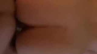 Petite brunette takes big dick doggy style