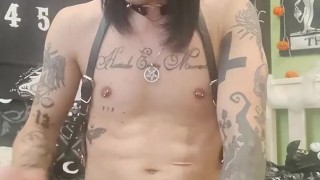 Femboy in neylon stockings masturbate and smoke