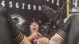 Femboy in lether and wear like sissy whore masturbate a hige dick