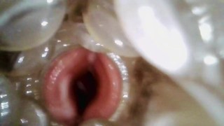 Internal view of me cumming inside previously creampied Fleshlight Quickshots