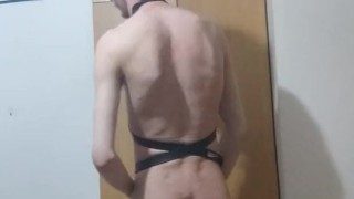 Very skinny teen using elastic band to pleasure himself while his mouth is gagged solo bondage