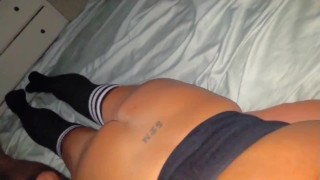 Slutty GF in sexy socks/no pants gets p by hard dick-cums twice