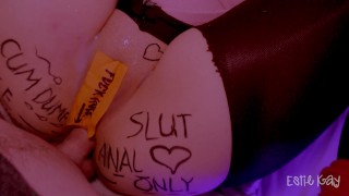 Tied up girlfriend having fun after party. She is a free use anal slut