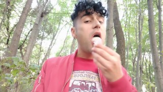 Playing with cruiser´s used condom in mouth and eating his cum after cruising