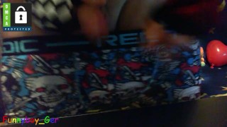 German emo twink jerking with vibrating toy, big cumshot on black table