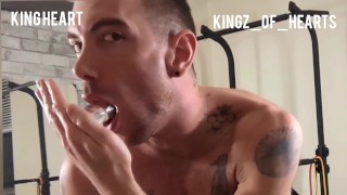 King Heart cums in a cup and drinks it after a workout