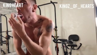 King Heart cums in a cup and drinks it after a workout