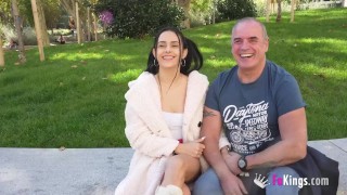 Brunette Latina has seduced her 55yo driving instructor and convinced to do a porno