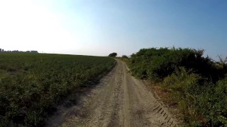 Naked and horny in public POV - Riding nude in nature, shaved body, masturbation until cumshot