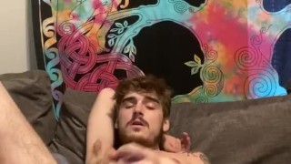 Jacking off for the camera hot solo male cumming on the couch