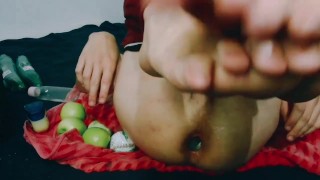 Apple In a filthy sock BREAKS my ass, massive Prolapse, Huge Rosebud Play