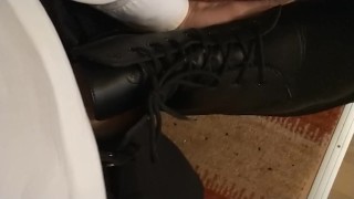 semi to hard, Randys hands free cum in friends black Dr. Martens boots