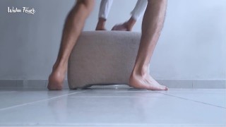 Masturbating my rich cock with the chair while showing the soles of my feet